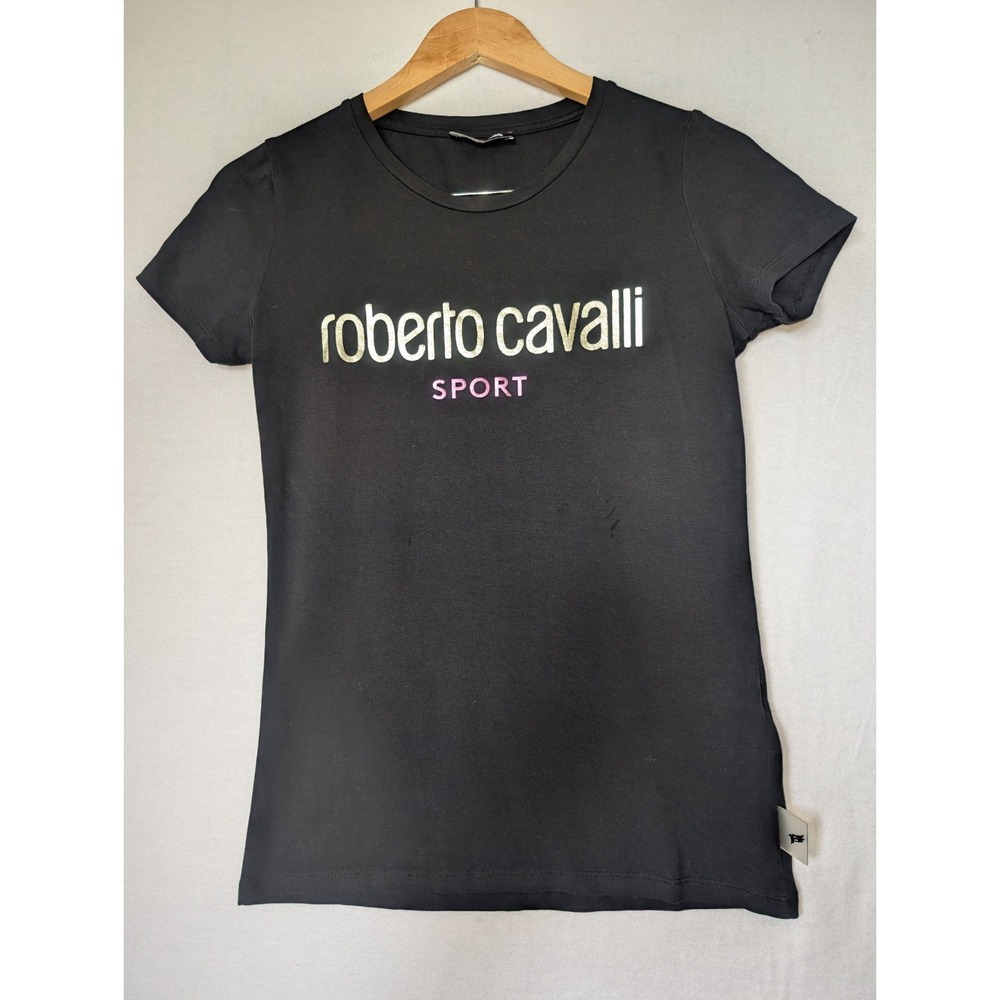 Roberto Cavalli Top Womens M Black Sport Graphic T-Shirt Metallic Pink Logo